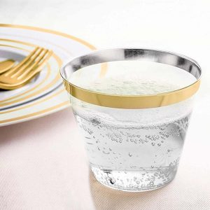 25-Pack Plastic Party Cups 9oz Clear Crystal with Gold Rim - Short Disposable Drink Tumblers - Pack of 25 Cups