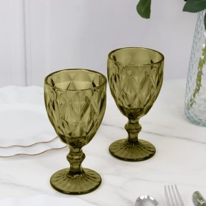 6-Pack Crystal Cut Wine Glasses 12oz Embossed Design Stemmed Dusty Sage Green 7" - Colored Goblets for Cocktails & Drinks